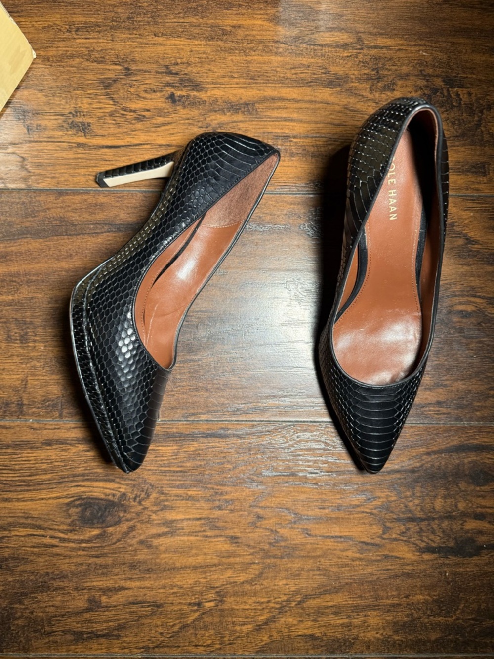 Cole Haan Black Snake-Embossed Pointed Toe Pumps with Slender Heel